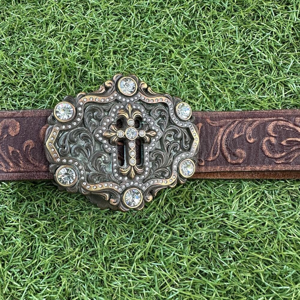 Tony Lama Brown Tooled Leather‎ Swarovski Crystals Concho Cross Western Belt 42 - Picture 4 of 9